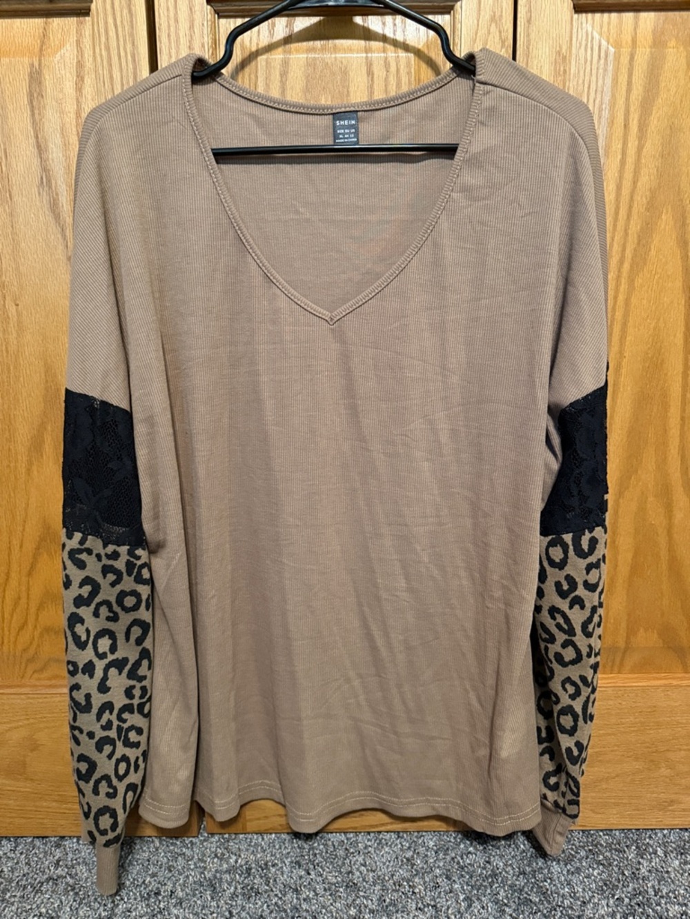 SHEIN Taupe V-Neck Long Sleeve Top with Leopard & Black Lace Accents
